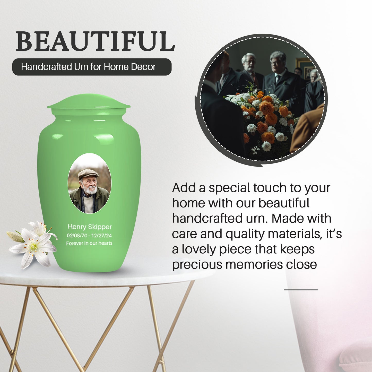 Green Personalized Artistic Cremation Urn for Human Ashes - 10-inch, 200 cu in - Yatskia