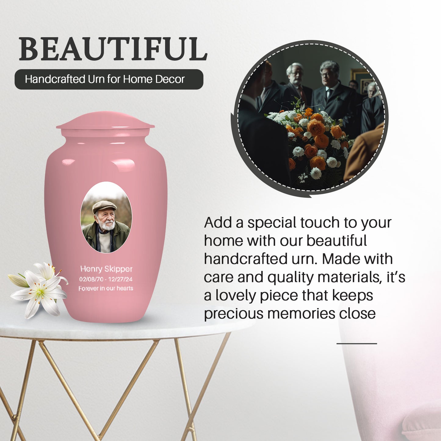 Pink Personalized Artistic Cremation Urn for Human Ashes - 10-inch, 200 cu in - Yatskia