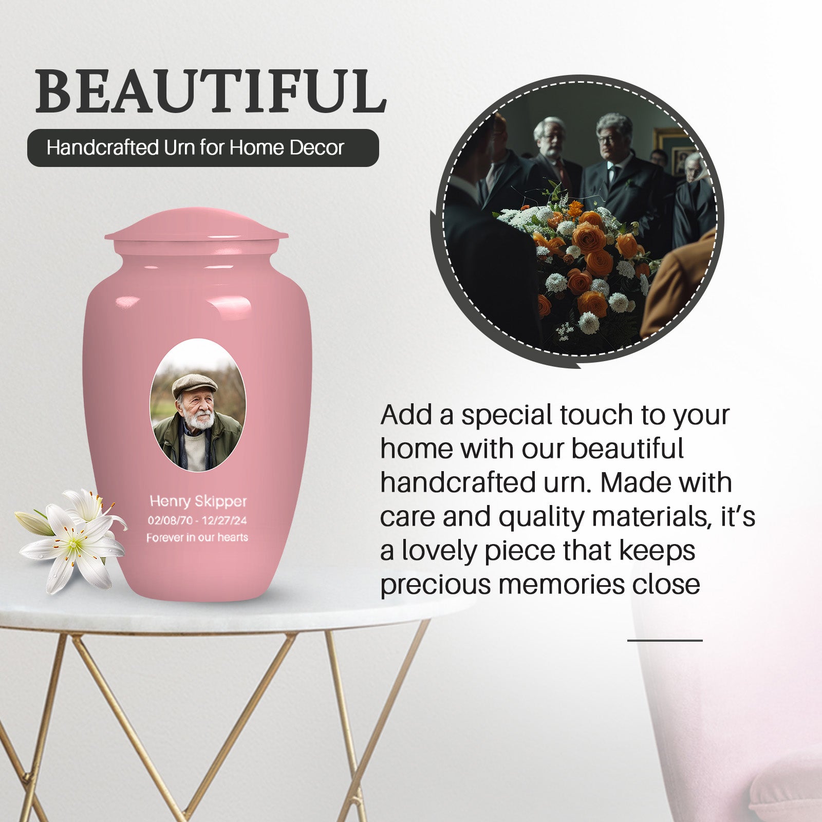 Light Pink Portrait Customizable Urn for Human Ashes - Plain Funeral Urns Women