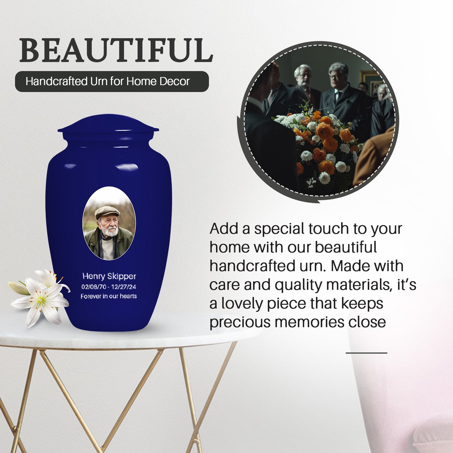 Blue Personalized Artistic Cremation Urn for Dad - 10-inch, 200 cu in - Yatskia