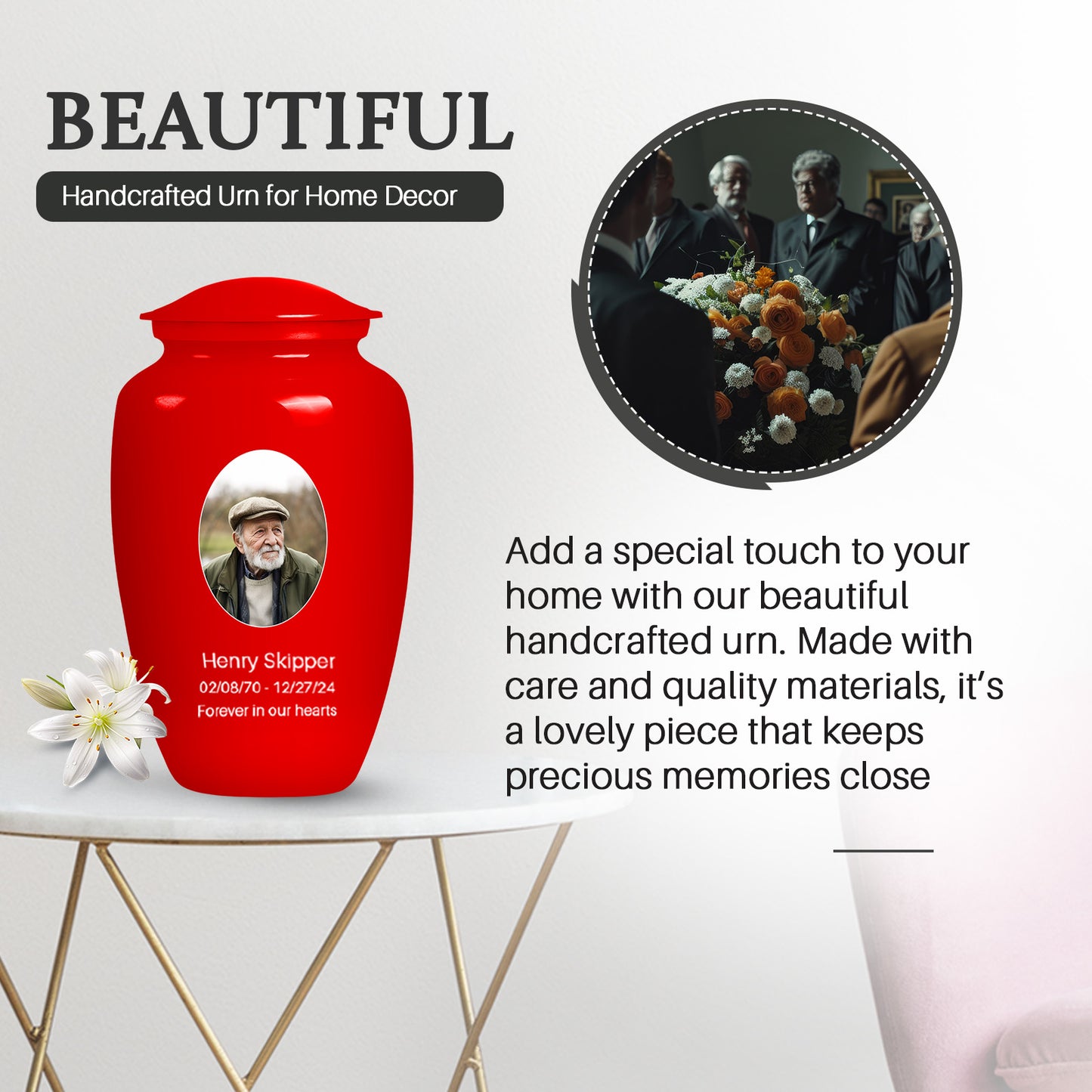 Red Personalized Artistic Cremation Urn for Human Ashes - 10-inch, 200 cu in - Yatskia