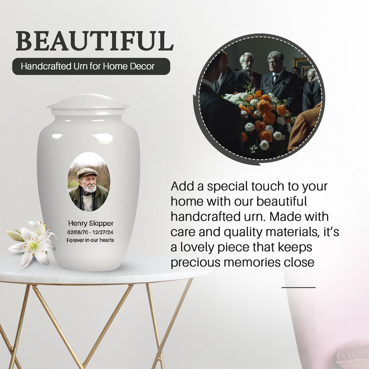 White Personalized White Cremation Urn for Human Ashes - 10-inch, 200 cu in - Yatskia