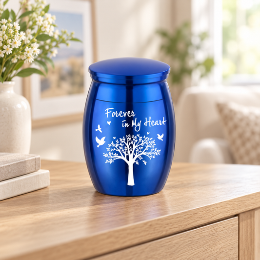 Royal Blue Cremation Urn for Ashes with Tree & Birds