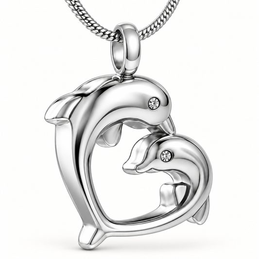 Silver Dolphin Heart Necklace with Crystal Eyes