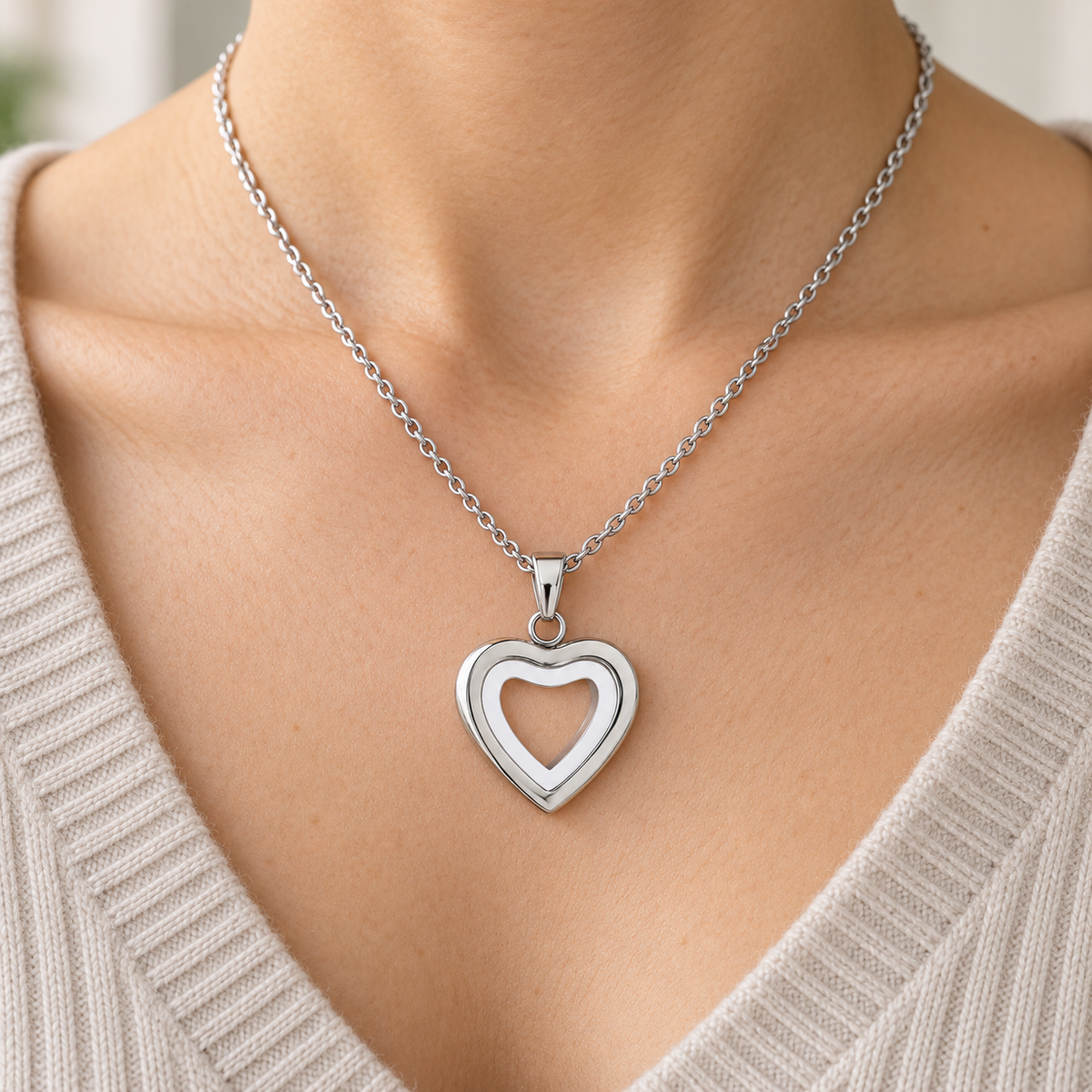 Silver Open Heart Memorial Necklace | Double Heart Keepsake Pendant