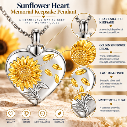 Sunflower Heart Memorial Necklace | Silver & Gold Keepsake Pendant