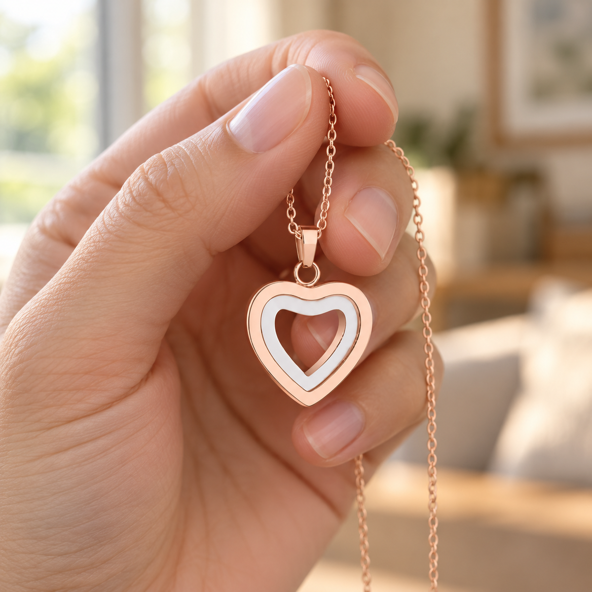 Rose Gold Open Heart Memorial Necklace | Two-Tone Heart Pendant