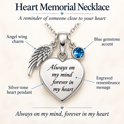 Angel Wing Heart Memorial Necklace with Blue Birthstone