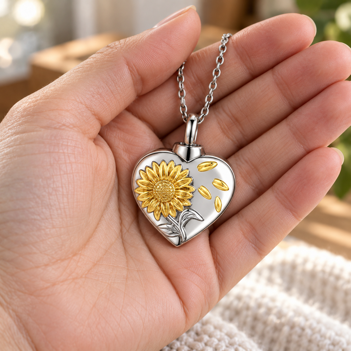 Sunflower Heart Memorial Necklace | Silver & Gold Keepsake Pendant