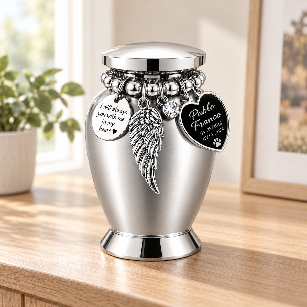 Silver-Tone Pet Cremation Urn with Angel Wing & Paw Print Heart
