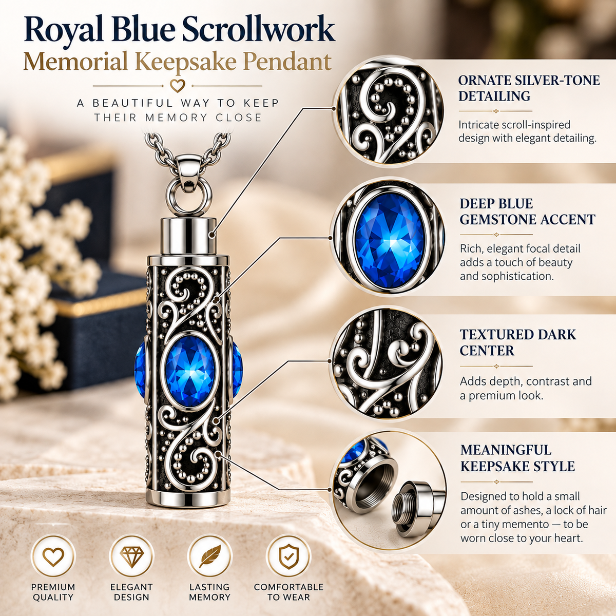 Cremation Necklace for Ashes with Oval Blue Stones and Silver-Tone Scrollwork