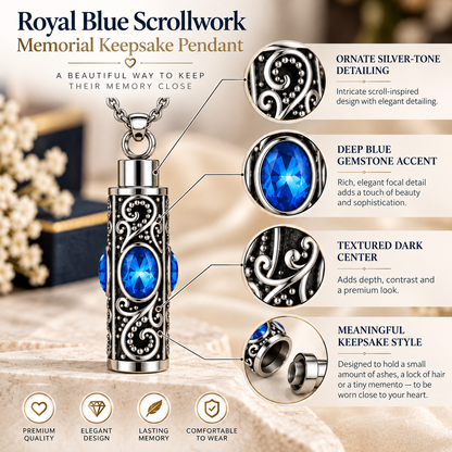 Cremation Necklace for Ashes with Oval Blue Stones and Silver-Tone Scrollwork