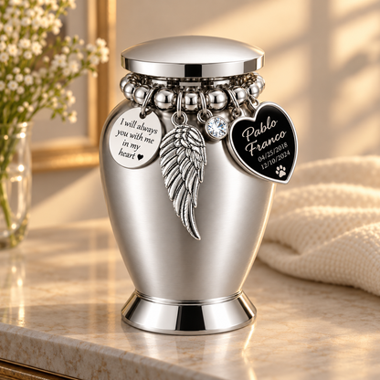 Silver-Tone Pet Cremation Urn with Angel Wing & Paw Print Heart