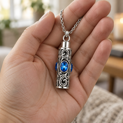 Cremation Necklace for Ashes with Oval Blue Stones and Silver-Tone Scrollwork