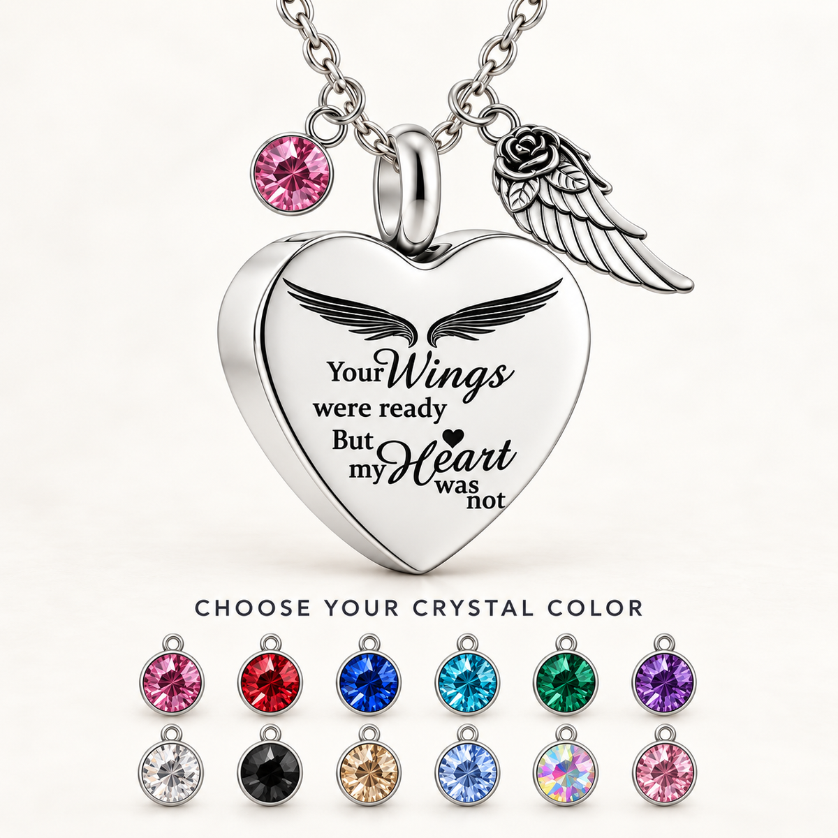 Angel Wings Heart Memorial Necklace with Pink Crystal & Wing Charm