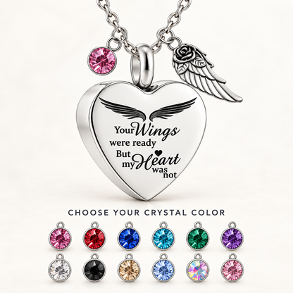 Angel Wings Heart Memorial Necklace with Pink Crystal & Wing Charm