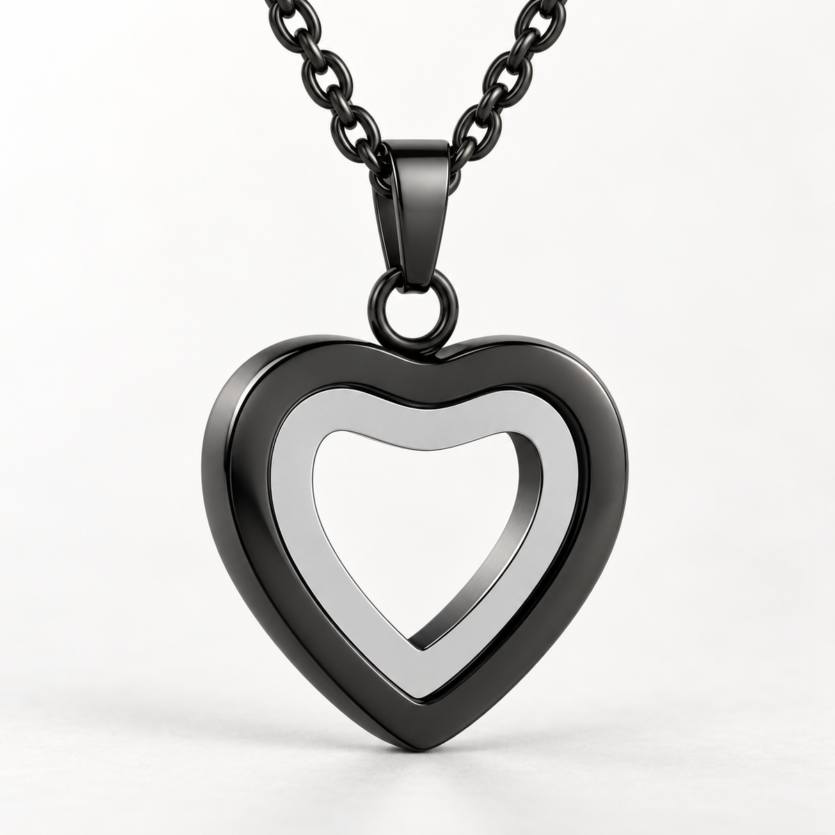 Black & Silver Open Heart Necklace | Double Heart Memorial Pendant