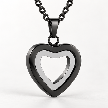 Black & Silver Open Heart Necklace | Double Heart Memorial Pendant