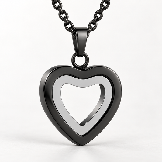 Black & Silver Open Heart Necklace | Double Heart Memorial Pendant