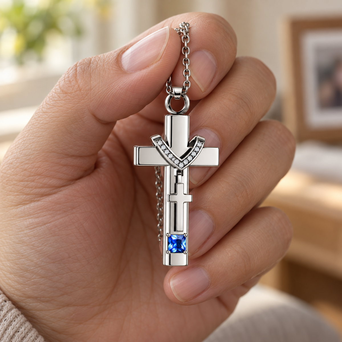 Cross Necklace for Ashes with Blue and Clear Stones