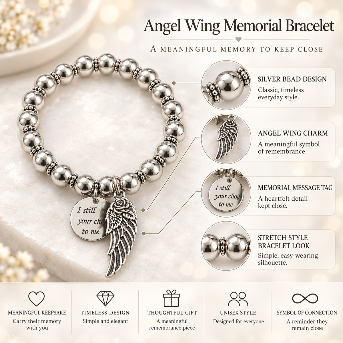 Silver Bead Memorial Bracelet with Angel Wing Charm