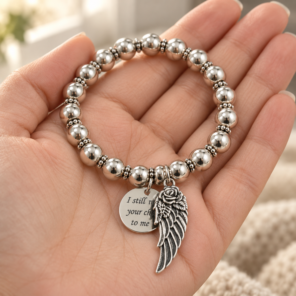 Silver Bead Memorial Bracelet with Angel Wing Charm