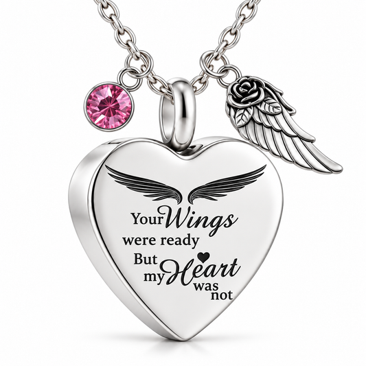 Angel Wings Heart Memorial Necklace with Pink Crystal & Wing Charm