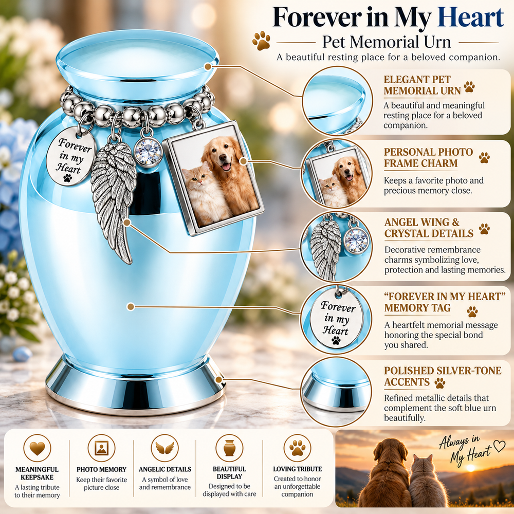 Sky Blue Pet Memorial Urn with Photo Frame & Angel Wing Charm