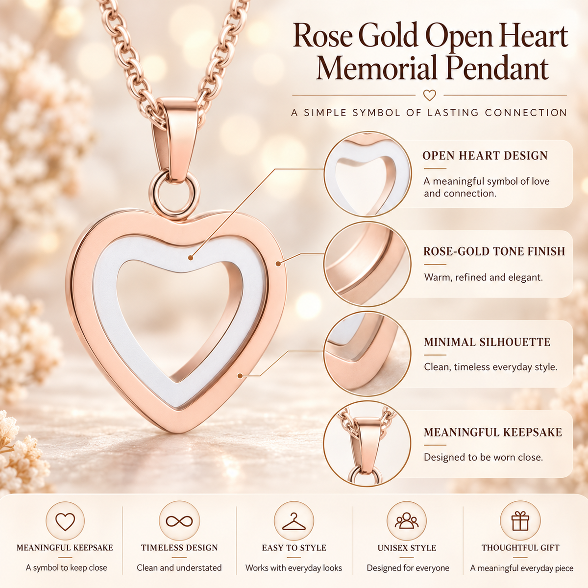 Rose Gold Open Heart Memorial Necklace | Two-Tone Heart Pendant
