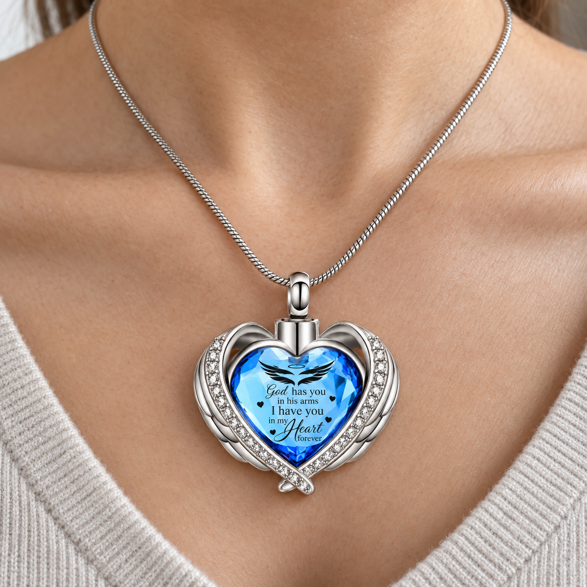 Blue Heart Angel Wings Memorial Necklace | Forever in My Heart Pendant