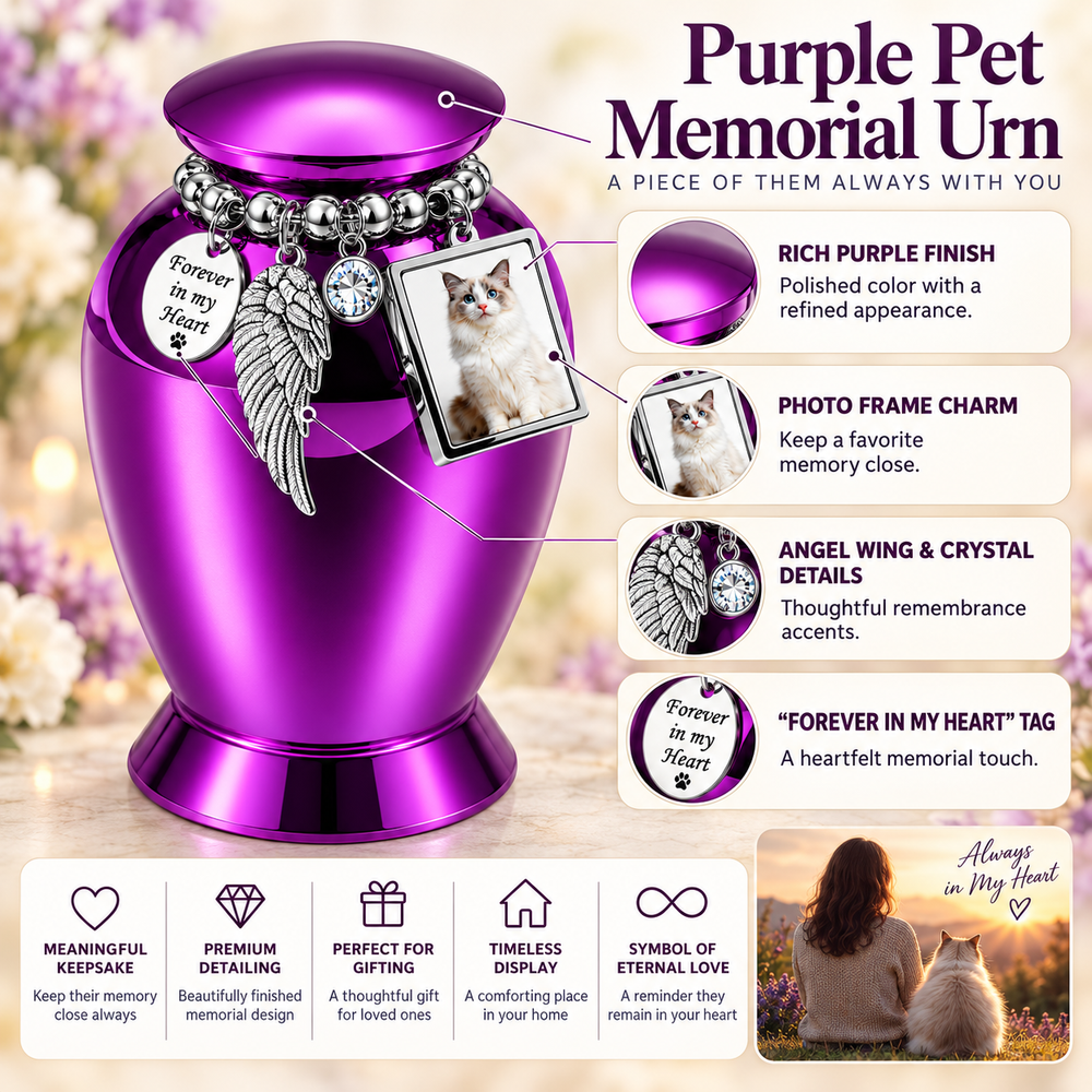 Purple Pet Memorial Urn for Ashes with Photo Frame & Angel Wing