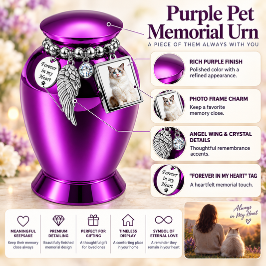 Purple Pet Memorial Urn for Ashes with Photo Frame & Angel Wing