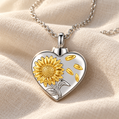 Sunflower Heart Memorial Necklace | Silver & Gold Keepsake Pendant
