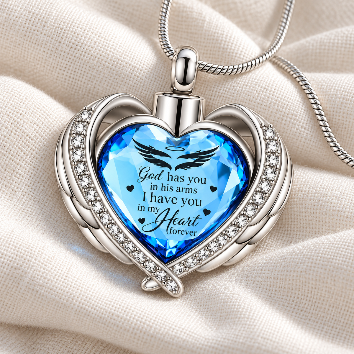 Blue Heart Angel Wings Memorial Necklace | Forever in My Heart Pendant