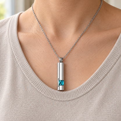 Silver-Tone Cylinder Urn Necklace for Ashes with Aqua Blue Stone