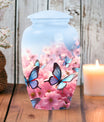 Classic blue butterfly urn for ashes, large size Urn.