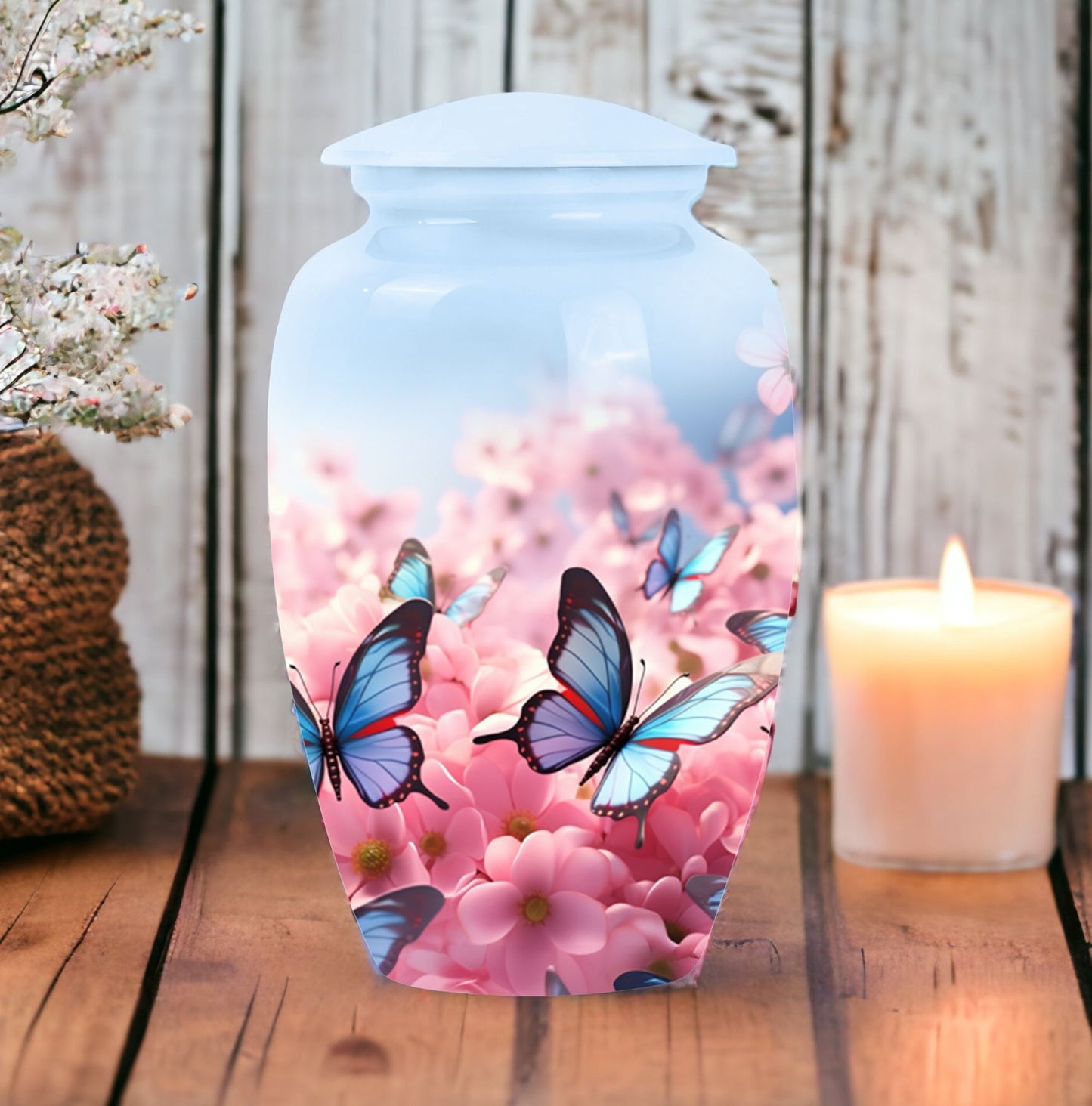 Classic blue butterfly urn for ashes, large size Urn.