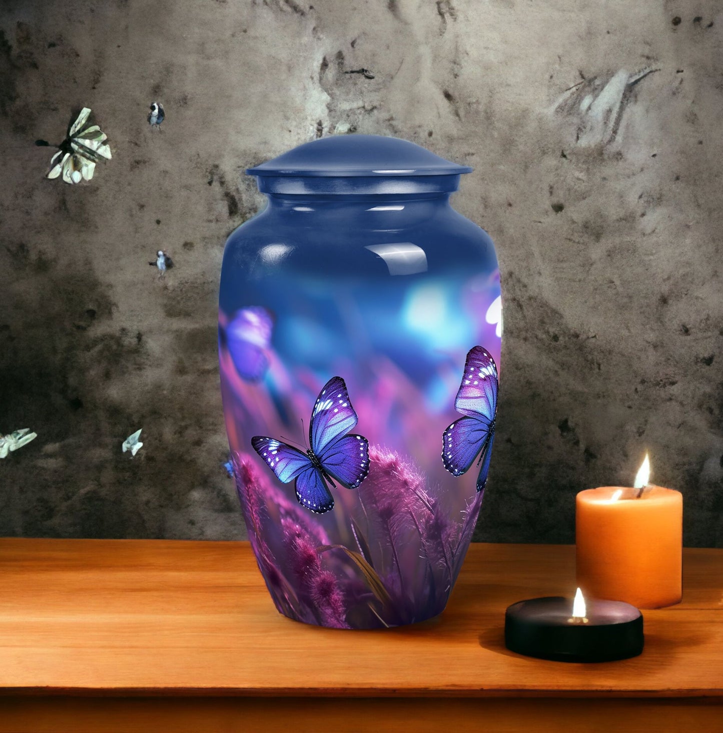 Classic purple butterfly urn for human ashes.
