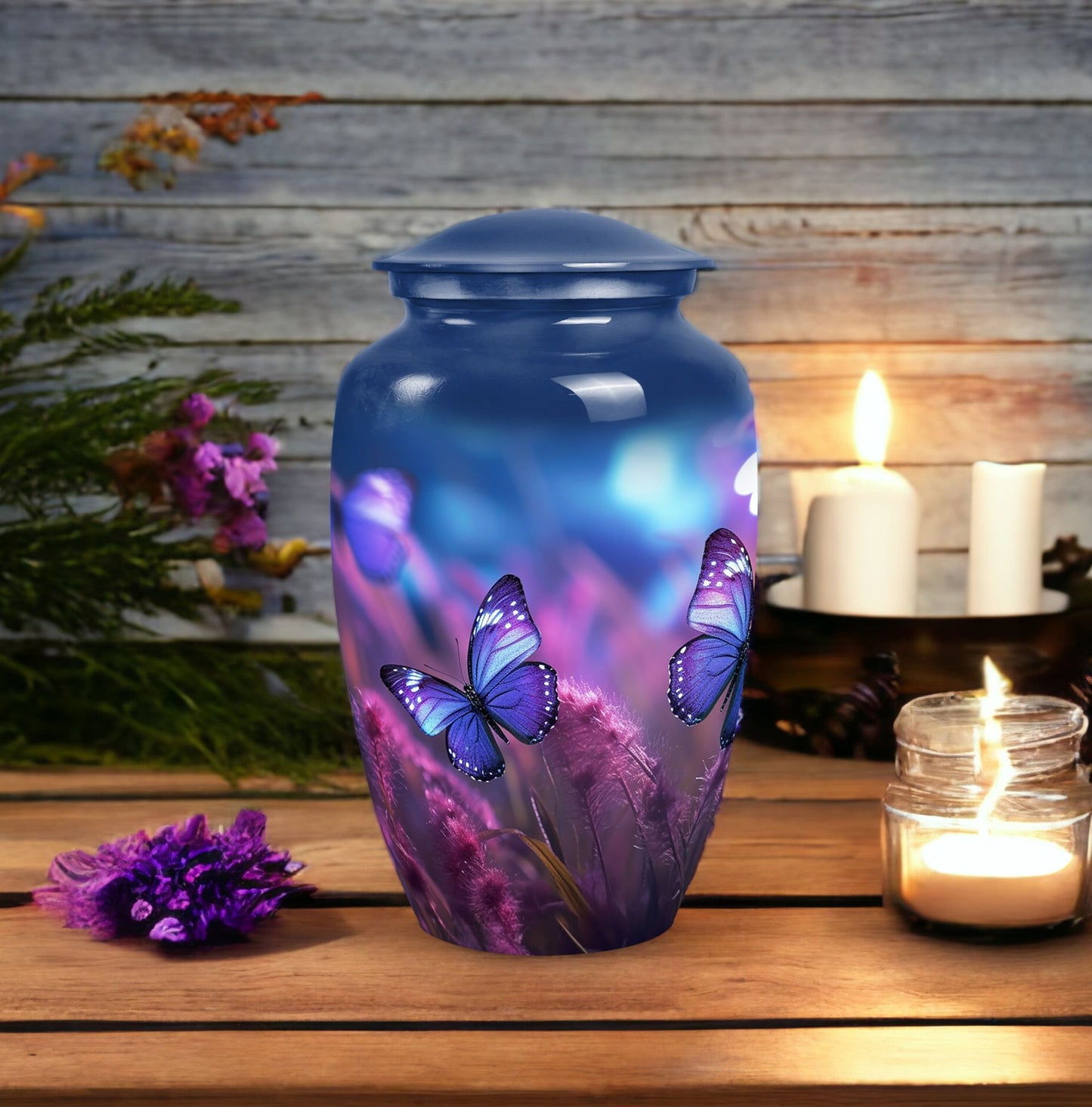 Classic purple butterfly urn for human ashes.