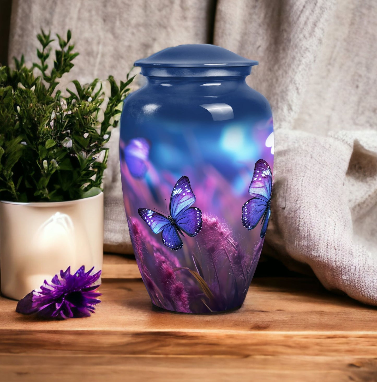 Classic purple butterfly urn for human ashes.