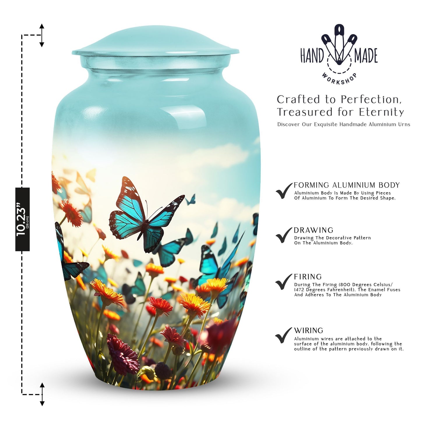 Colorful butterflies urn, personalized with names.