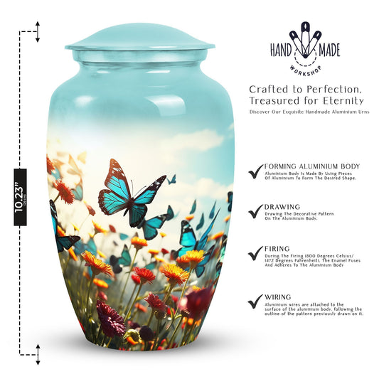 Colorful butterflies urn, personalized with names.