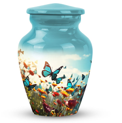 Colorful butterflies urn, personalized with names.