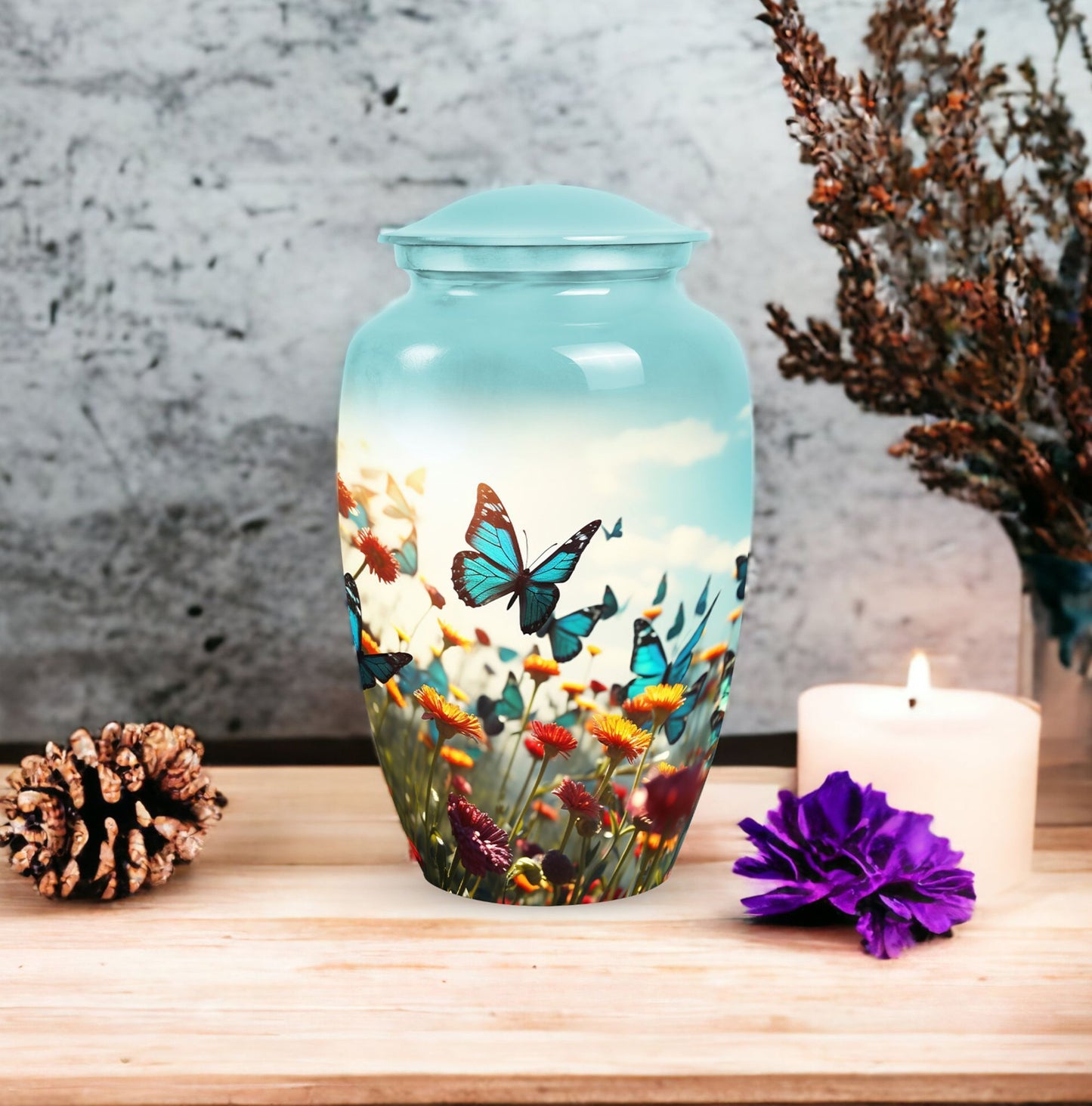 Colorful butterflies urn, personalized with names.