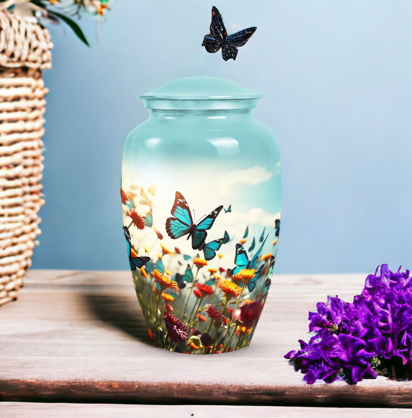 Colorful butterflies urn, personalized with names.