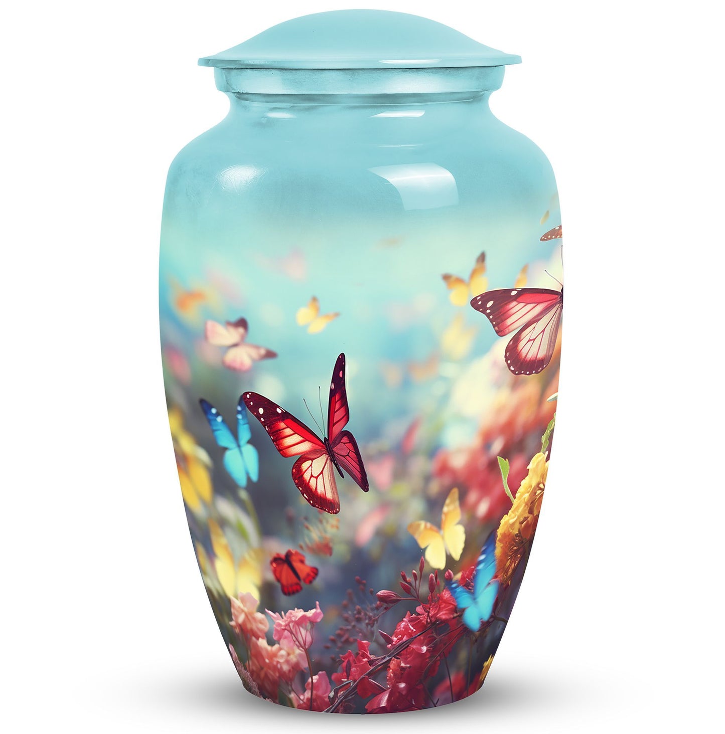Colorful Butterflies Classic Urn for Human Ashes with Velvet Pouch