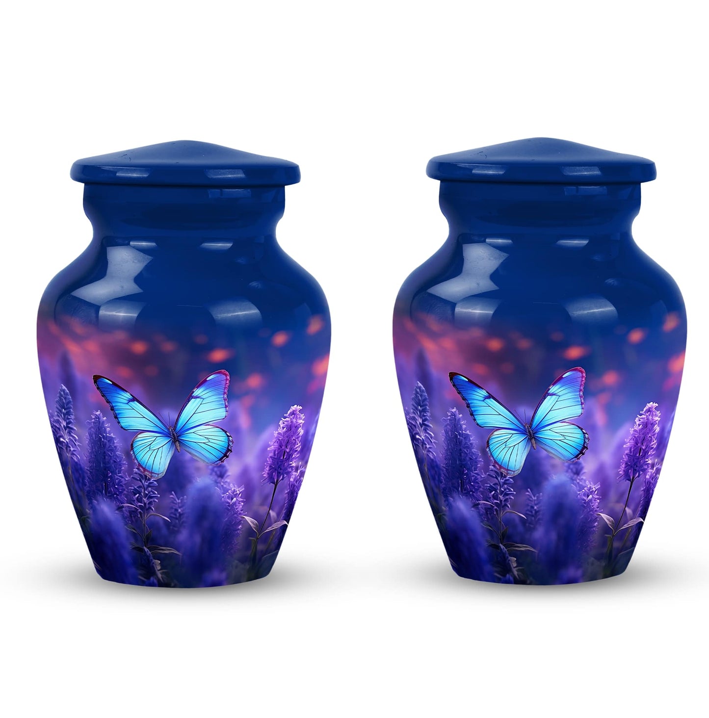 Classic purple butterflies urn for ashes.