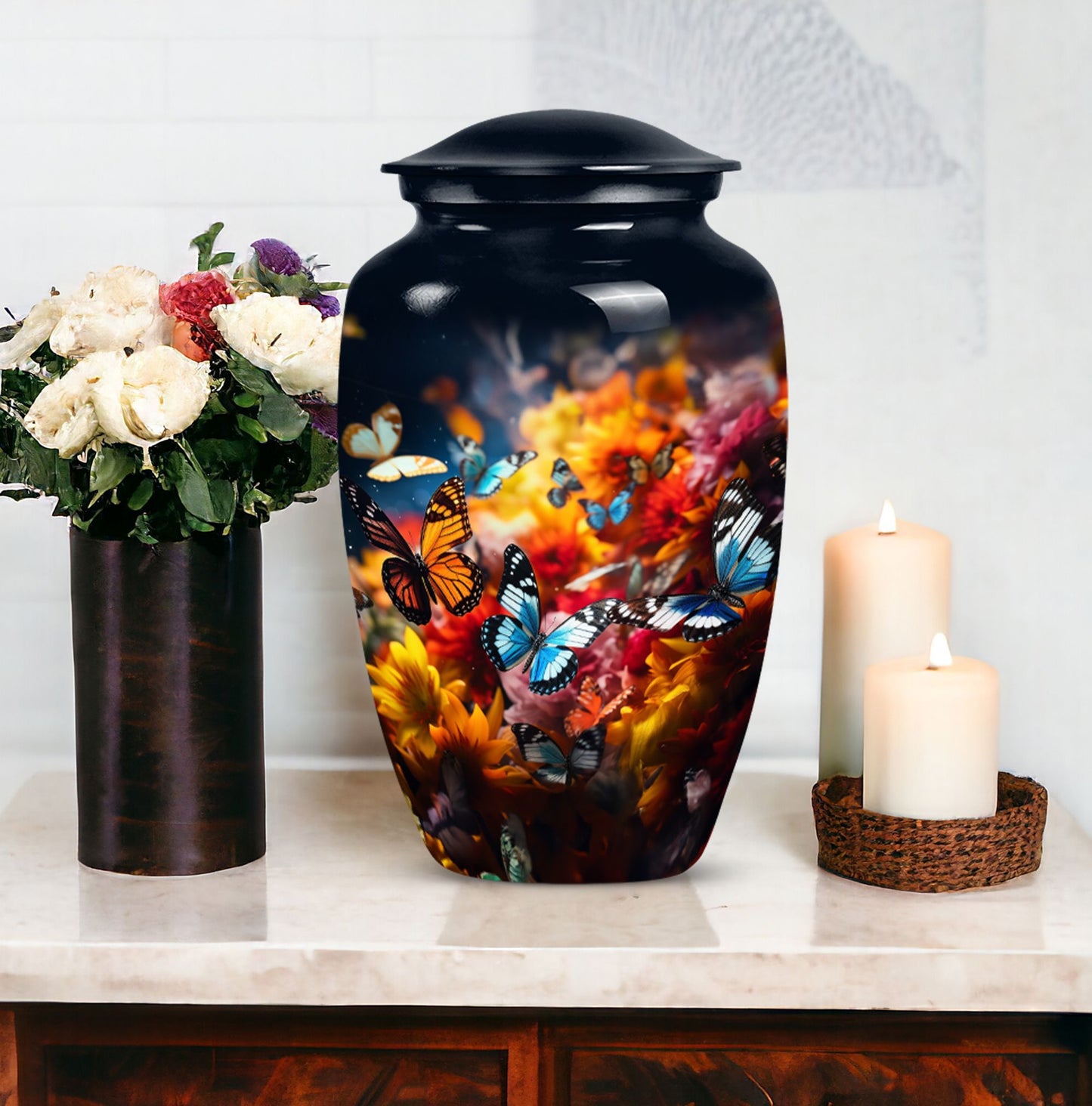 colorful butterflies cremation urn for human ashes.