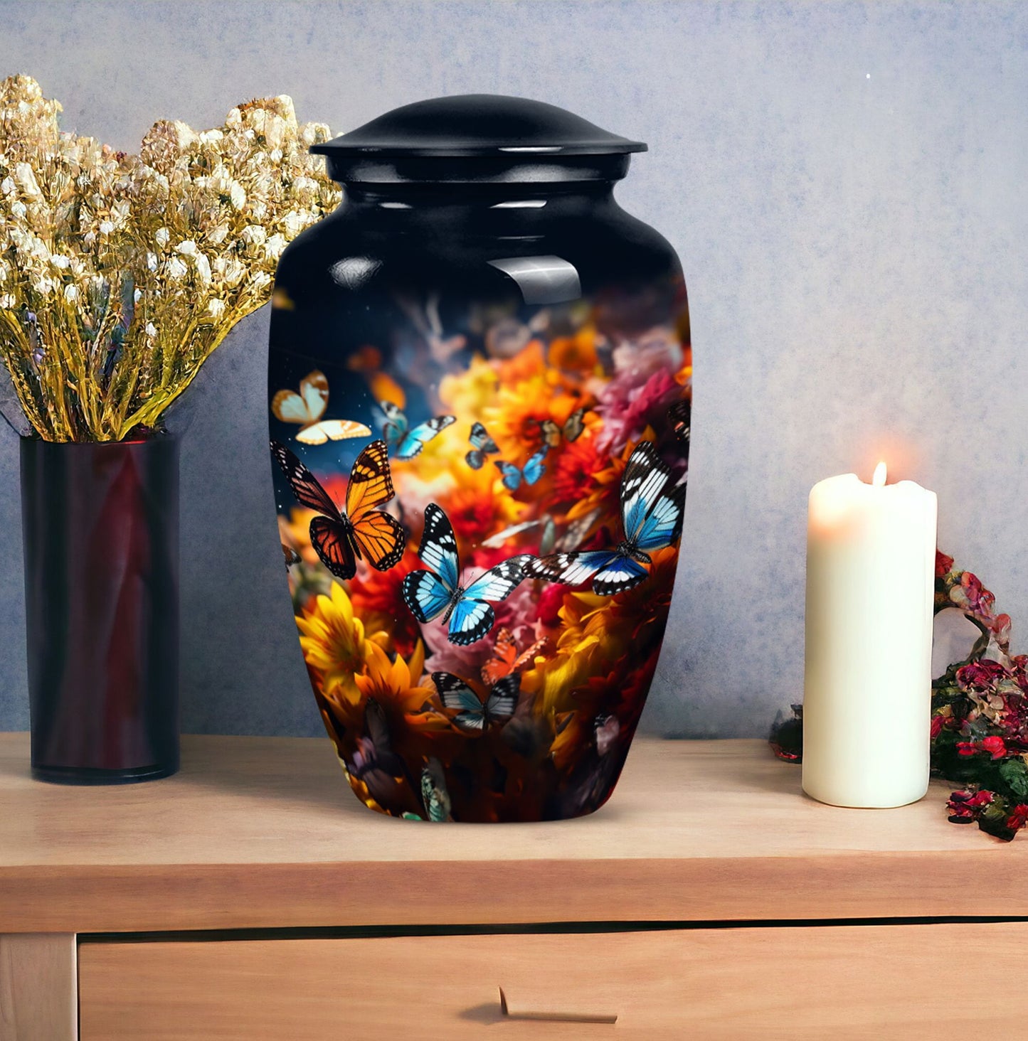 colorful butterflies cremation urn for human ashes.