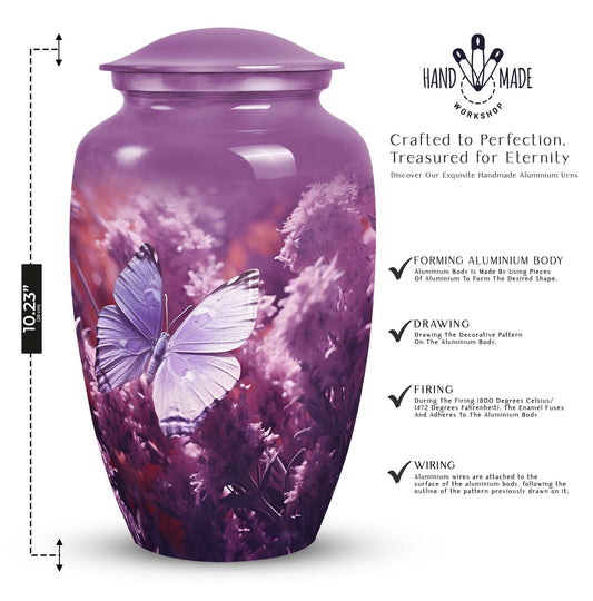 purple butterflies urn, large aluminium urn for ashes